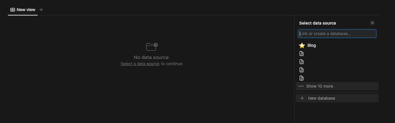 Notion new Table page with no data source set